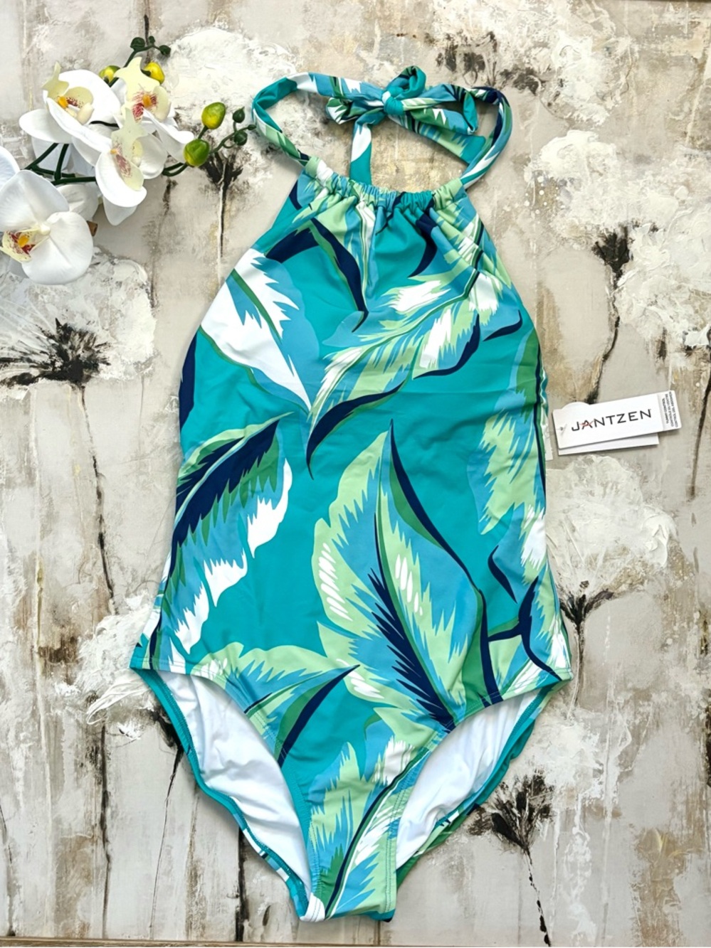 Jantzen Teal Tropical Leaf Halter One-Piece Swimsuit